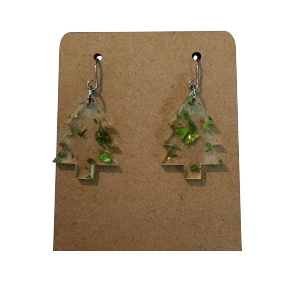Mini Holographic Green Tree Acrylic Drop Earrings